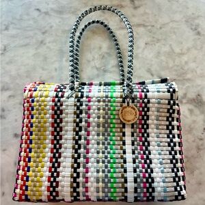 Maria Victoria NWOT multi colored woven tote bag/purse with snap closure